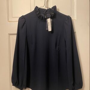 J. Crew Navy Ruffle Mock-Neck Blouse